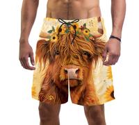 Mens Swimming Shorts Quick Dry, Highland Cow SunFlower Board Shorts Men with Pockets and Mesh Liner M Multicoloured