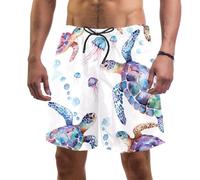 Mens Swimming Shorts Quick Dry, Turtles Jelly Fishes Board Shorts Men with Pockets and Mesh Liner M Multicoloured