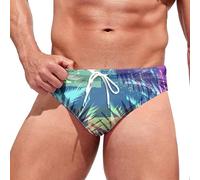 Men's Swimming Trunks Briefs Quick Dry Swimsuit Board Surf Bikini Bottom Elastic Drawstring Swimming Briefs with Printed Stretch Sport Bikini Swimsuit with Support