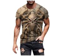 Men's T-Shirt 3D Print Short Sleeve T Shirts with Skull Print T-Shirt for Men Retro Gothic Skull 3D Letters Trendy Printed Crew Neck Sweatshirt Tops Sports Top, P Khaki, L