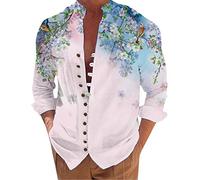 Mens T Shirt Casual Blouse Tops Fashion Tees Mens Holiday Seaside Leisure Loose Button Stand Collar Digital 3D Printed Shirt Long Sleeve Mens Rayon Shirts Short Sleeve (Blue, M)