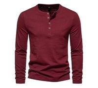 Men's T-Shirt Casual Solid Color Men's Basic Shirt Comfortable V Round Neck Button Decoration Men's Longsleeve Tops All-Match Simplicity Men's Longsleeve Shirt C-Wine Red1 L