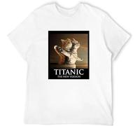 Mens T-Shirt Cat Titanic Jack and Rose-Film Parody Funny France White L