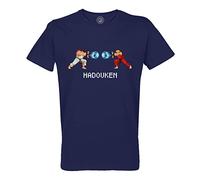 Men's T-Shirt Crew Neck Organic Cotton Hadouken Pixel Art Video Game Combat 8 Bits Blue
