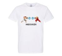 Men's T-Shirt Crew Neck Organic Cotton Hadouken Pixel Art Video Game Combat 8 Bits White
