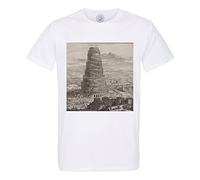 Men's T-Shirt Crew Neck Organic Cotton Tower of Babel Turris Babel Athanasius Kircher Drawing Bible White