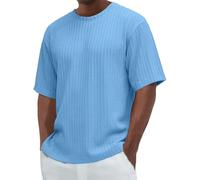 Men's T-Shirt Plain Textured Crew Neck Short Sleeve Shirt Oversized Casual Summer Lightweight Quick-Dry Breathable Top for Formal Events and Outdoor Activities (Blue, XL)
