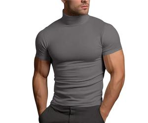 Mens T Shirt Short Sleeve Basic Turtle Neck Tops Casual Slim Fit Undershirt Pullover Solid Gym Shirts Gym Training Workout Tee Stretch Muscle Fit Casual Everyday Wear for Work, The Pub Or A Hike Grey