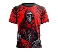 Men's T-Shirt with Grim Reaper in Red - Dark Gothic Shirt with 3D Print and Skeleton Motif | Eye-catching Top for Horror and Metal Fans, style_w04 red, XXL