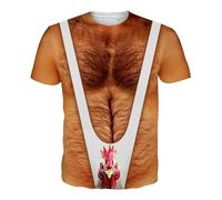 Men's T-Shirt with Hairy Chest, 3D Print, Round Neck Pattern, Short Sleeve Casual Shirt, White, XS