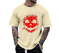 Men's T-shirt with Halloween Pumpkin Head Print, Casual Basic Shirt for Sports, Leisure, Daily Wear, Breathable Cotton Material, Comfortable Cut, beige, L