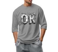 Men's T-Shirt with OK Letter Print, Casual 3/4 Sleeve Cotton Shirt, Modern Leisure Top, 02-light grey, S