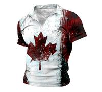 Men's T-Shirt with Zip Canada Independence Day Design Retro Short Sleeve Top for Men Flag Print Summer Shirt, Wine Red, XXL