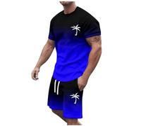 Mens T-Shirts Shorts Sets 2 Piece Summer Cool Tracksuit Solid Colour Crew Neck Tropical Coconut Tree Printed Mech T-Shirt Lightweight Breathable Drawstring Shorts with Pockets Beach Suits Co Ord Set