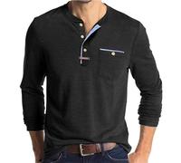 Men's T-Shrits Henry Shirts Button Up Long Sleeve T Shirt Solid Color Tops Mens Tshirts Casual Fashion Tshirt Autumn Trendy T-Shirt Slim Fit Sweatshirts (Black, L)