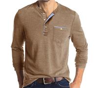 Men's T-Shrits Henry Shirts Button Up Long Sleeve T Shirt Solid Color Tops Mens Tshirts Casual Fashion Tshirt Autumn Trendy T-Shirt Slim Fit Sweatshirts (Khaki, L)