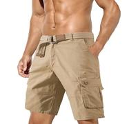 Men's Tactical Cargo Cotton Shorts Combat Multi Pocket Breathable Elasticated Waist Plain Workwear Trousers Lightweight Relaxed Casual Shorts Suitable for Work or Leisure (Khaki, 32)