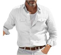 Men's Tactical Linen Shirt - Long Sleeve Button Down with Double Pockets, Military Style Fashion Outdoor Overshirt for UK, Ideal for Fishing, Hiking & Work (White, XL)