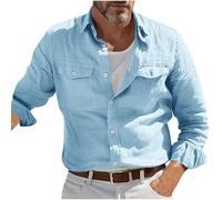 Men's Tactical Linen Shirt - Long Sleeve Button Down with Double Pockets, Military Style Fashion Outdoor Overshirt for UK, Ideal for Fishing, Hiking & Work (Sky Blue, S)