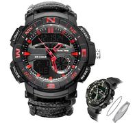 Mens Tactical Military Digital Watch, 7-in-1 Survival Multi-Functional Army Outdoors Waterproof Camouflage Sports Watches, LED Electronic Wristwatches with Compass Paracord Band(BK-Red)