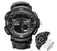 Mens Tactical Military Digital Watch, 7-in-1 Survival Multi-Functional Army Outdoors Waterproof Camouflage Sports Watches, LED Electronic Wristwatches with Compass Paracord Band(BK-Black)