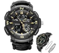 Mens Tactical Military Digital Watch, 7-in-1 Survival Multi-Functional Army Outdoors Waterproof Camouflage Sports Watches, LED Electronic Wristwatches with Compass Paracord Band(BK-Gold)