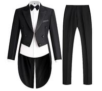 Mens Tailcoat Suit Jacket Tuxedo Double Breast Swallow Tail Coat Pants Bow Tie, Black, L