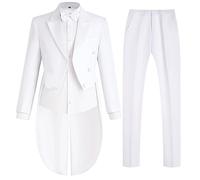 Mens Tailcoat Suit Jacket Tuxedo Double Breast Swallow Tail Coat Pants Bow Tie, White, S