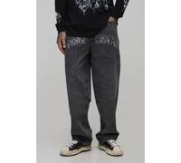 Men's Tall Acid Wash Applique Relaxed Fit Jeans | Acid Wash Black | Size 38 | BOOHOOMAN