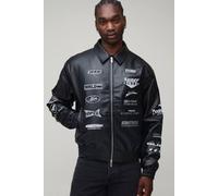 Men's Tall Boxy Fit PU Rodeo Tonal Applique Badge Varsity Bomber Jacket | Black | Size 2X-Large | BOOHOOMAN