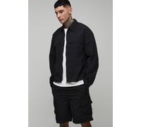 Men's Tall Coated Nylon Cargo Regular Overshirt & Relaxed Short Set | Black | Size Medium | BOOHOOMAN