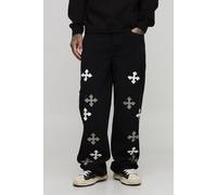 Men's Tall Cross Applique Relaxed Fit Jeans | Black | Size 32 | BOOHOOMAN