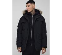 Mens Tall Faux Fur Hooded Arctic Parka Jacket in Black, Black S