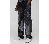 Men's Tall Frayed Cross Applique Relaxed Fit Jeans | Grey | Size 34 | BOOHOOMAN