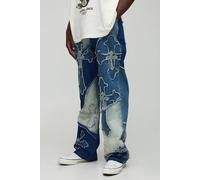 Men's Tall Frayed Cross Applique Relaxed Fit Jeans | Light Blue | Size 40 | BOOHOOMAN