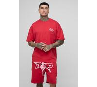 Men's Tall Man Star Puff Print Oversized T-Shirt & Relaxed Jersey Short Set | Red | Size Large | BOOHOOMAN