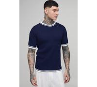 Men's Tall Muscle Fit Cotton Blend Tipped Knitted T-Shirt | Navy | Size X-Small | BOOHOOMAN