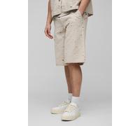 Men's Tall Nibbled Denim Relaxed Fit Shorts | Stone | Size 40 | BOOHOOMAN