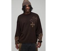 Men's Tall Oversized Boxy Cross Graphic Knitted Jumper | Chocolate | Size Medium | BOOHOOMAN