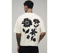 Men's Tall Oversized Boxy Extended Neck Floral Print T-Shirt | Ecru | Size 2X-Large | BOOHOOMAN