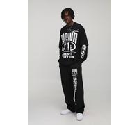 Men's Tall Oversized Faux Layer Racing Print T-Shirt & Baggy Flat Knit Drawcord Jogger Tracksuit | Black | Size X-Large | BOOHOOMAN