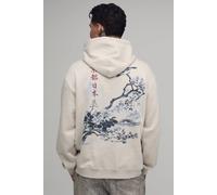 Men's Tall Oversized Kyoto Bird Print Hoodie | Stone | Size Medium | BOOHOOMAN