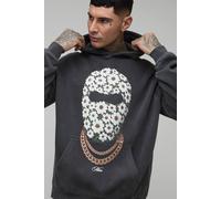 Men's Tall Oversized Man Daisy Ski Mask Washed Printed Hoodie | Washed Charcoal | Size 2X-Large | BOOHOOMAN