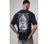 Mens Tall Oversized Washed Black Monaco Landscape Print T-Shirt, Black S