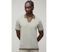 Men's Tall Regular Fit Revere Houndstooth Knitted Polo | Olive | Size Small | BOOHOOMAN