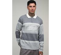 Men's Tall Regular Fit Varsity Striped Jacquard Knitted Polo | Grey | Size Large | BOOHOOMAN
