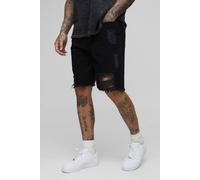 Men's Tall Relaxed Ripped Gusset Denim Shorts | True Black | Size 30 | BOOHOOMAN
