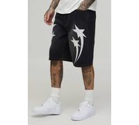 Men's Tall Relaxed Star Contrast Stitch Denim Shorts | Black | Size 36 | BOOHOOMAN