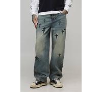 Men's Tall Relaxed Tinted Washed Denim Cross Applique Jeans | Vintage Blue | Size 38 | BOOHOOMAN