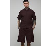 Men's Tall Textured Oversized Boxy Shirt & Relaxed Short Set | Chocolate | Size X-Large | BOOHOOMAN